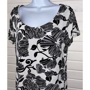 VTG Chicos Travelers Top Sz 1 (MEDIUM) Ivory Black Floral Tunic Slinky EUC